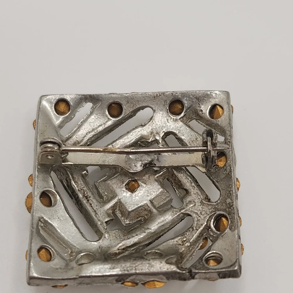 Vintage Art Deco Rhinestone Square Brooch Geometric Silver Tone Pot Metal Pin